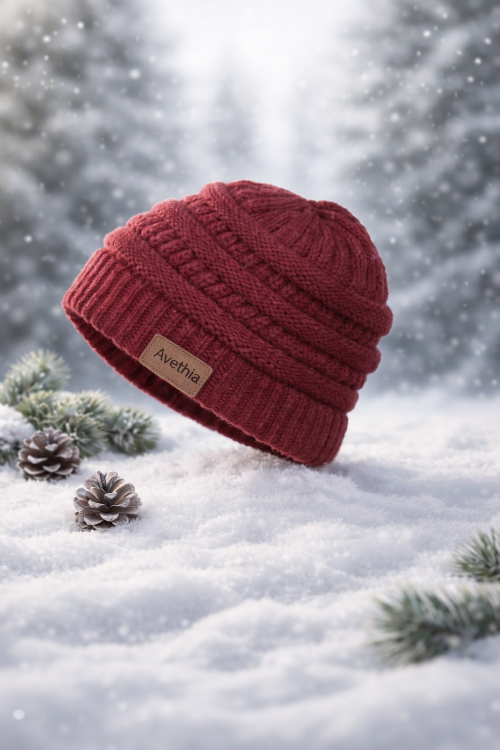 Red Knitted Ponytail Hole Beanie Cap,Soft and Warm Fleece Interior